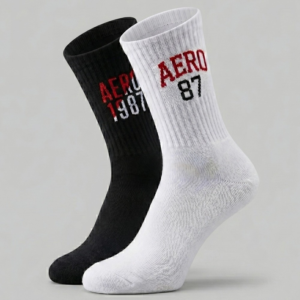 NWT 6-Pack Aeropostale Mens 6-12 Black White Crew Socks Athletic Aero 87 Graphic